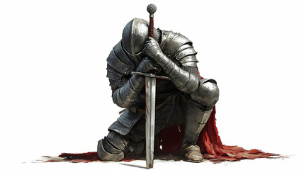 Wall Mural - Illustration of a medieval knight kneeling in prayer with a sword, realistic on a white background. Knight. Illustration