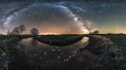 Canvas Print -   A lush green field surrounds a body of water under a star-studded, milky sky