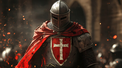 Poster - Medieval knight in full armor with the templars cross in the crusade, generative ai. Knight. Illustration