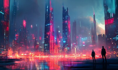 Two Figures Stand Before a Futuristic Cityscape Lit by Neon Lights