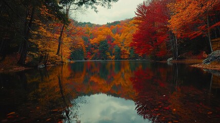 Sticker -   Water surrounded by many trees with vibrant fall foliage in the foreground