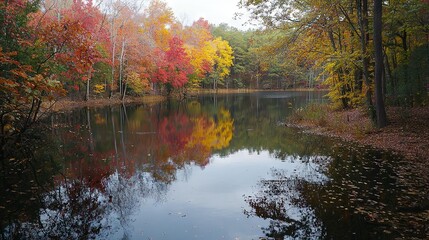 Sticker -   Surrounded by trees with leaves on the ground, there's a body of water in front