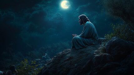 Jesus Praying in the Garden of Gethsemane Under the Moonlight