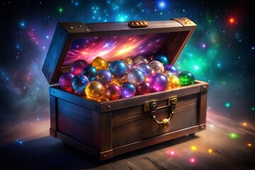 Magical chest of glowing orb treasures in vibrant cosmic setting