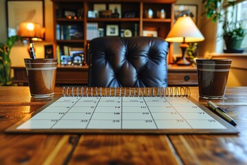 Poster - A Desk Calendar with a Pen, Two Glasses, and a Leather Chair in the Background