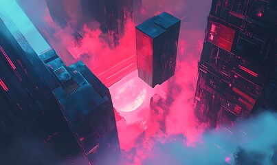 Poster - Futuristic Cityscape with Pink and Blue Lighting