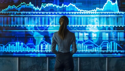 Poster - Businesswoman analyzing data on modern screen, showcasing digital graphs and trends for financial insights and strategic planning.