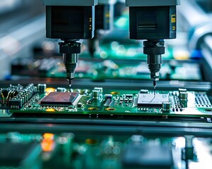 Poster - Close-up of automated machinery assembling electronic circuits on a printed circuit board in a modern factory.