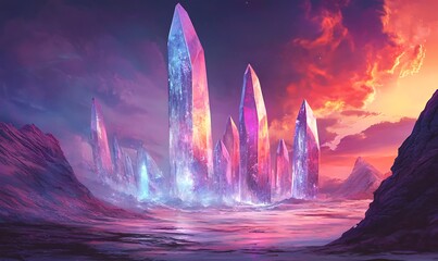 Poster - Crystal Towers in a Purple and Pink Landscape