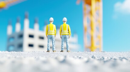 Poster - Construction engineers oversee project progress on a new concrete rooftop, with a crane in the background, depicting teamwork and construction development in an urban setting.
