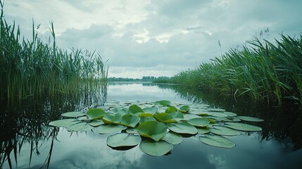 Sticker -   A serene body of water with abundant lily pads and towering grasses in the backdrop, providing a peaceful environment