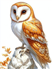 Wall Mural - Orange and White Barn Owl Perched on Autumn Leaves
