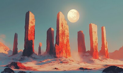 Sticker - Tall Red Rock Formations in a Snowy Desert Landscape Under a Full Moon