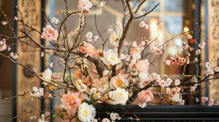 Canvas Print - Blooming branches arranged on a decorated podium