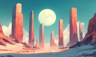 Poster - Tall Red Rock Formations Under a Full Moon in a Desert Landscape