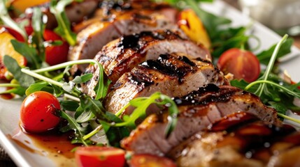 Poster - A plate of grilled meat and vegetables, including grilled chicken, tomatoes