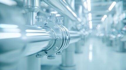 Poster - Industrial landscape featuring steel pipelines, interconnected valves and pumps, expansive open space showcasing a complex network of machinery and infrastructure.