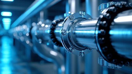 Poster - Industrial landscape featuring interconnected steel pipelines, robust valves, and powerful pumps, showcasing an expansive area dedicated to manufacturing and engineering processes.
