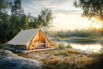 Poster - A small, cozy tent is set up in a grassy field next to a body of water