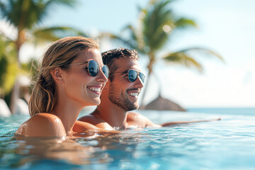 Poster - A man and woman are smiling and enjoying themselves in a pool