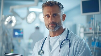 Poster - Doctor engaged with digital tablet in hospital setting, focused environment, modern healthcare technology in use, professional attire, attentive and efficient atmosphere