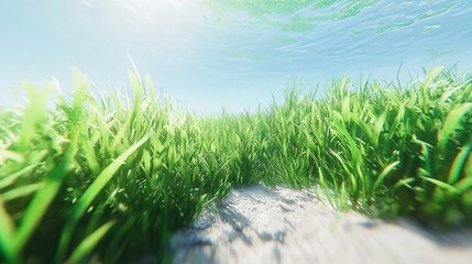 Poster -   A photo of a green field with a path dividing it and a vivid blue sky above