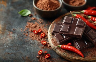 Sugary dark chocolate with chili peppers and cocoa powder, arranged on a rustic surface