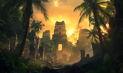 Poster - Ruins of an Ancient Temple in a Tropical Jungle at Sunset