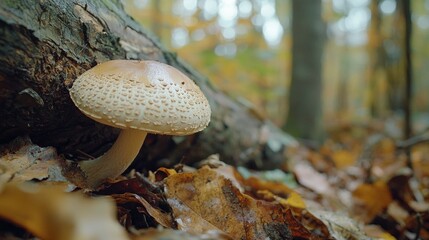 Sticker -   A mushroom emerging from tree bark amidst leafy ground and tall trees