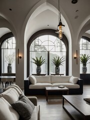 Wall Mural - Modern lounge with white cushions and pendant lights seen through an arch.