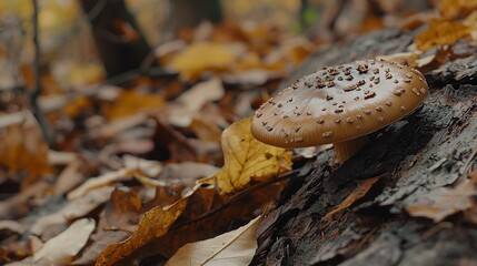 Sticker -   A mushroom's close-up on a tree in the woods with leaves on the ground and a blurred background