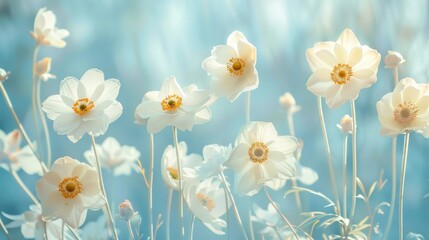 Wall Mural - A field of white flowers with blue sky in the background