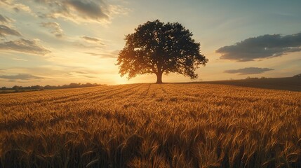 Canvas Print -   A solitary tree towers amidst a sea of golden wheat, basking in the fading glow of the setting sun