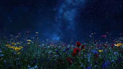 Wall Mural - a field of wildflowers beneath a star-filled night sky, with a streaking star in view
