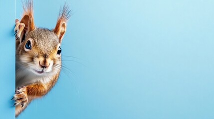 Wall Mural - A squirrel peeking out of a blue wall with its head sticking up, AI