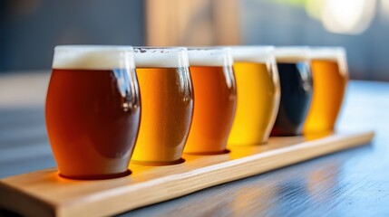 Poster - A row of six glasses filled with different types and colors of beer, AI