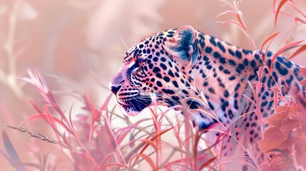 Wall Mural - Close-up of a leopard's face, peeking out from behind foliage, with soft pink and white lighting.