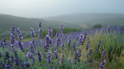 Poster -   A lush green hillside with a field of purple flowers in the foreground and rolling hills in the background