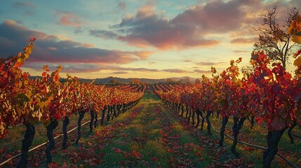 Canvas Print -   A row of trees with red leaves in a field during a sunset with clouds overhead