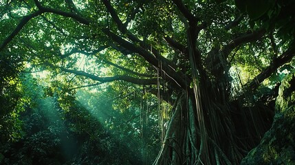 Wall Mural -   A colossal tree amidst a dense woods, bathed in golden sunbeams filtering through its verdant foliage and cascading down the trunk