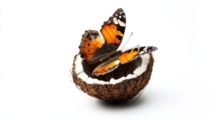 Beautiful butterfly perched on a half coconut on a white background, showcasing nature's harmony and the beauty of tropical life.