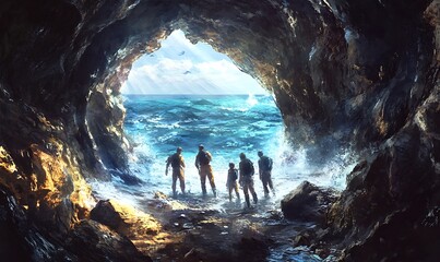 Sticker - People Emerging From a Dark Cave Onto a Bright Seashore