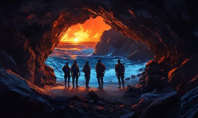 Poster - Silhouetted Figures Gazing at a Dramatic Sunset Over the Ocean from a Cave Entrance