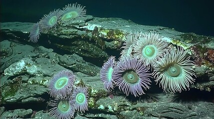 Poster -   A cluster of sea anemones perched atop a rocky seabed, adorned with algae