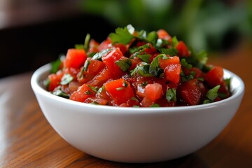 A close-up shot of a white bowl filled with freshly made salsa, featuring vibrant red tomatoes, chopped cilantro, and a hint of lime juice. The salsa is ready to be enjoyed as a topping or dip, adding