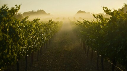 Poster -   Sun illuminates vines through foggy vineyard Trees in background