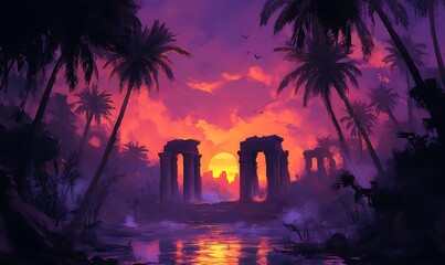 Poster - Sunset over ancient ruins and palm trees