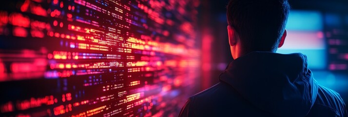 A cybersecurity professional stands before a wall of data streams, representing the complex and ever-changing digital landscape they navigate daily. The image symbolizes data protection, network secur