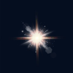 Wall Mural - Bright glowing light explodes on dark background. Bright star. Transparent shining sun, bright flash. Vector graphics.