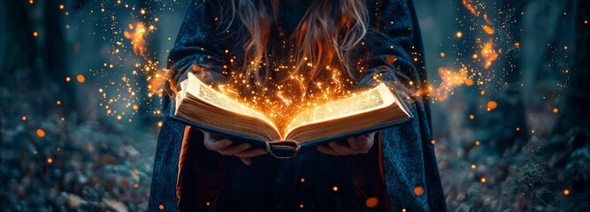 A witch in a dark cloak stands in a mysterious forest, casting a spell from an illuminated magic book that sparkles with energy.